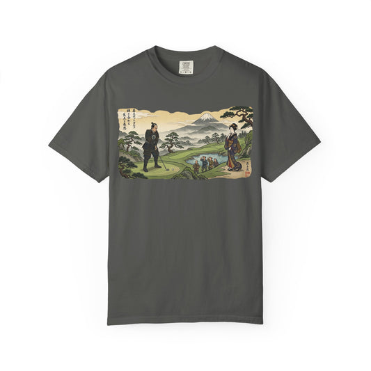 Zen Spot Custom Vintage Samurai Golfer Mount Fuji Landscape Graphic T-Shirt