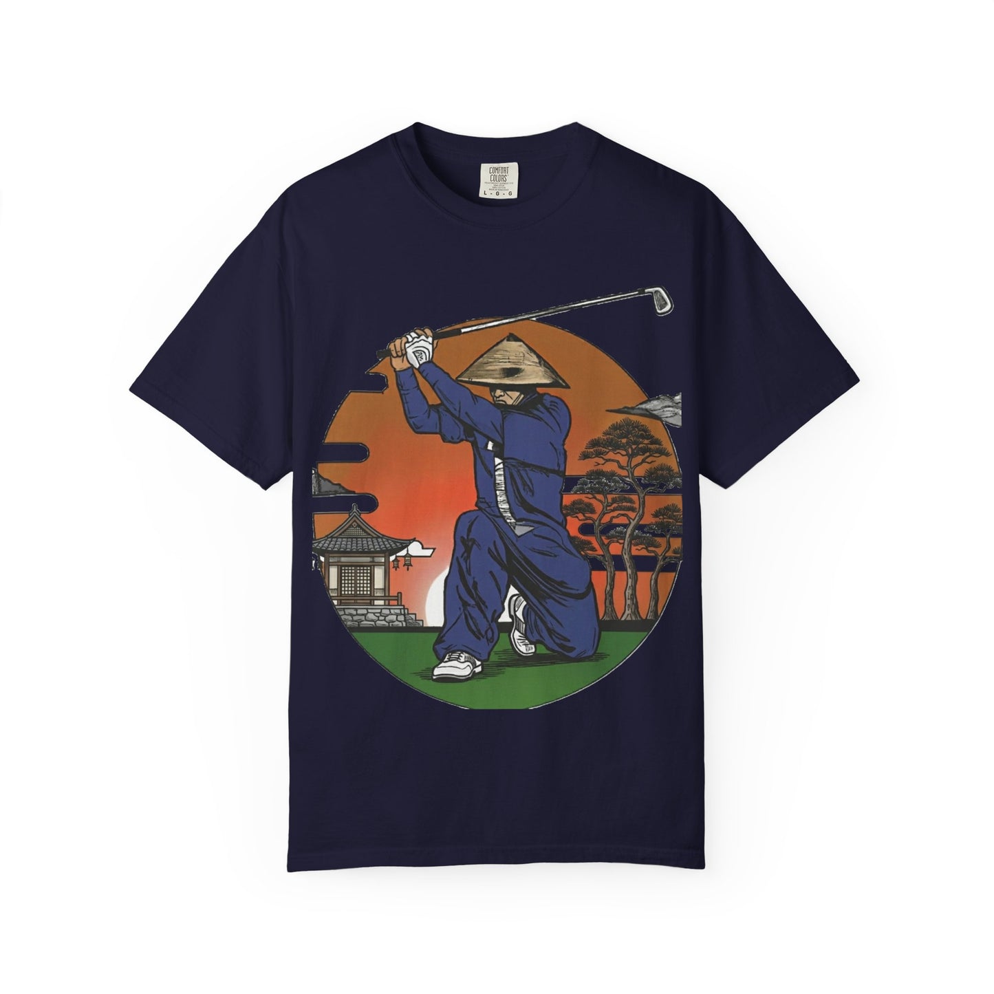 Zen Spot Golf Custom Vintage Sunset Samurai Golfer Graphic T‑Shirt