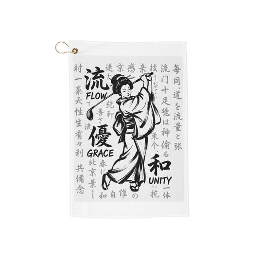 Japanese Geisha Golf Towel — 'Flow, Grace, Unity' Printed Golfing Towel