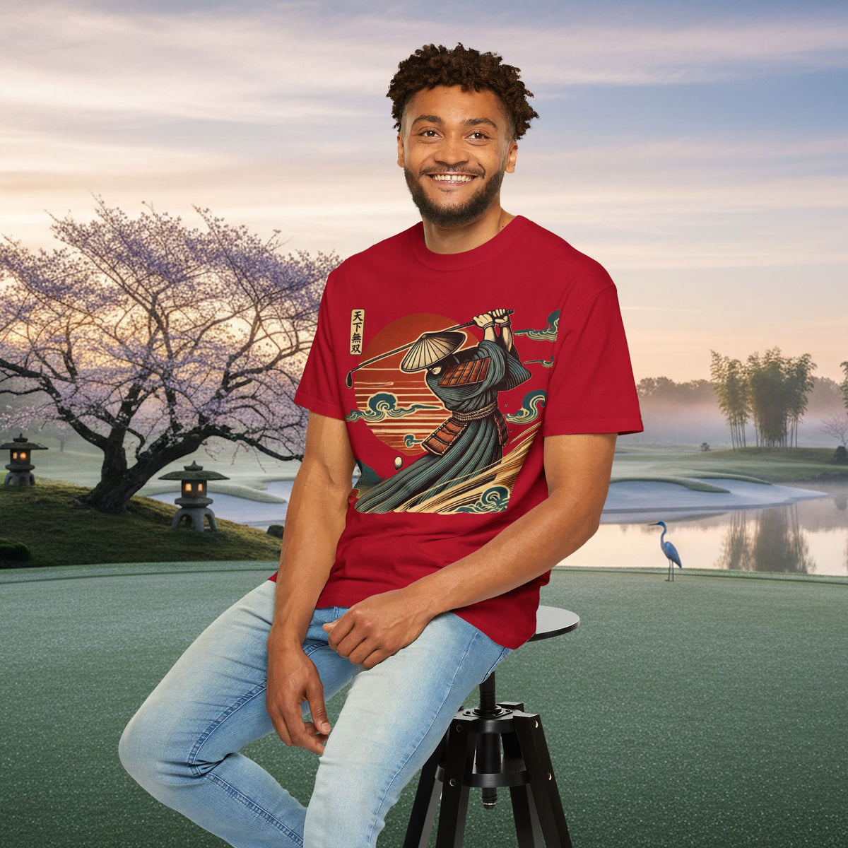 Samurai Golfer Sunset T-Shirt — Japanese Wave & Warrior Graphic Tee