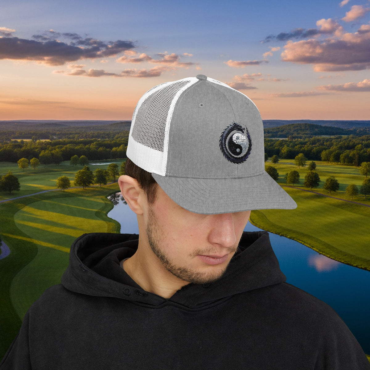 Embroidered Yin Yang Dragon Golf Ball Trucker Hat