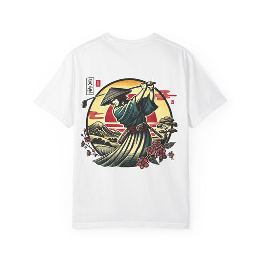 Zen Spot Golf Custom Japanese Warrior Samurai Golfer Sunset Graphic T-Shirt