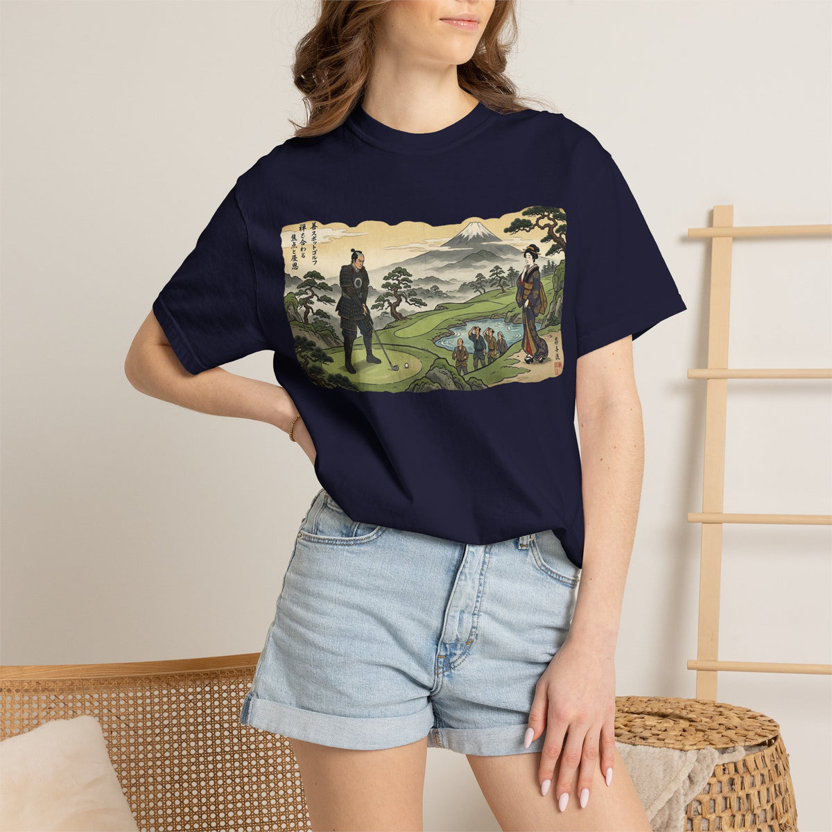 Vintage Samurai Golfer Mount Fuji Landscape Graphic T-Shirt