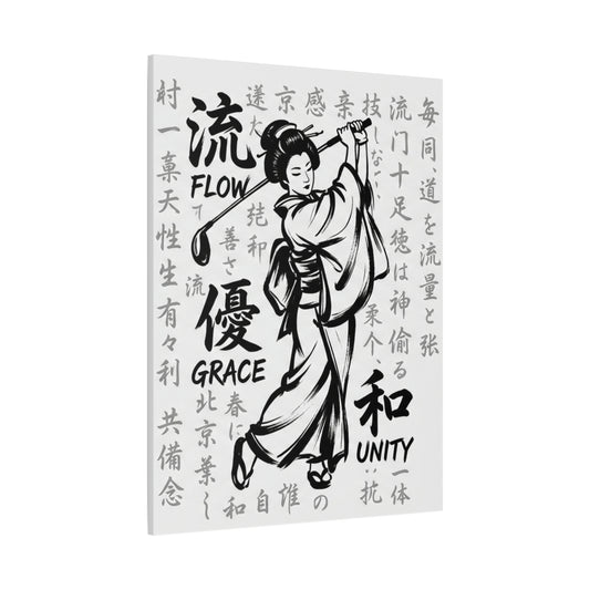 Geisha Golf Art Canvas — 'Flow, Grace, Unity' Stretched Matte Wall Decor