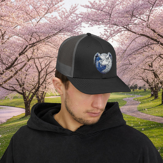 Embroidered White and Grey Stitched "Dragon Golf Ball" Trucker Cap