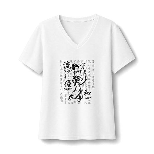 Zen Spot Golf Custom Geisha Kanji Flow, Grace, & Unity V-Neck Tee