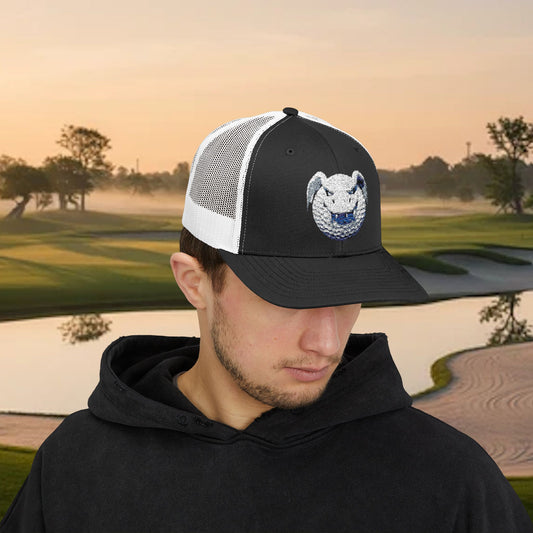 Embroidered White Stitched "Dragon Golf Ball" Trucker Cap