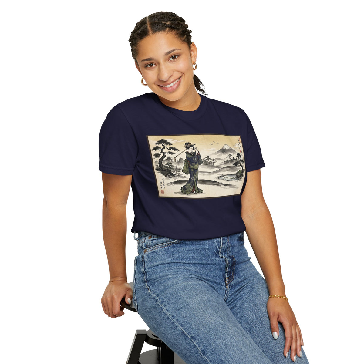 Vintage Geisha Golfer & Mount Fuji Graphic T-Shirt
