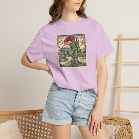Zen Spot Golf Custom Vintage Japanese Kimono Geisha Golfer Sunset Graphic T-Shirt