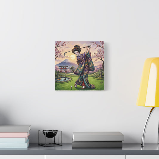 Geisha Golfer Canvas Print — Japanese Cherry Blossom Golf Art
