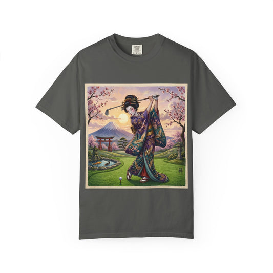 Geisha Golfing Sunset T-Shirt — Vintage Japanese Kimono Art Tee