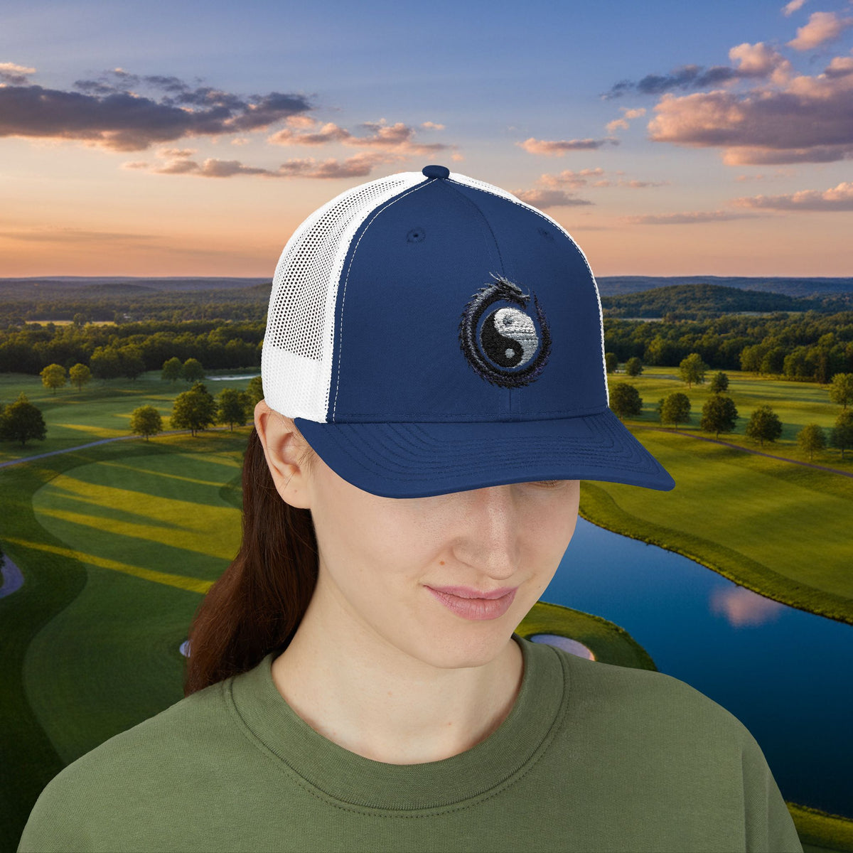 Embroidered Yin Yang Dragon Golf Ball Trucker Hat