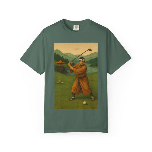 Zen Spot Customized Comfort Colors Vintage Golfer Graphic T-Shirt — Retro Asian-Inspired Golf Scene