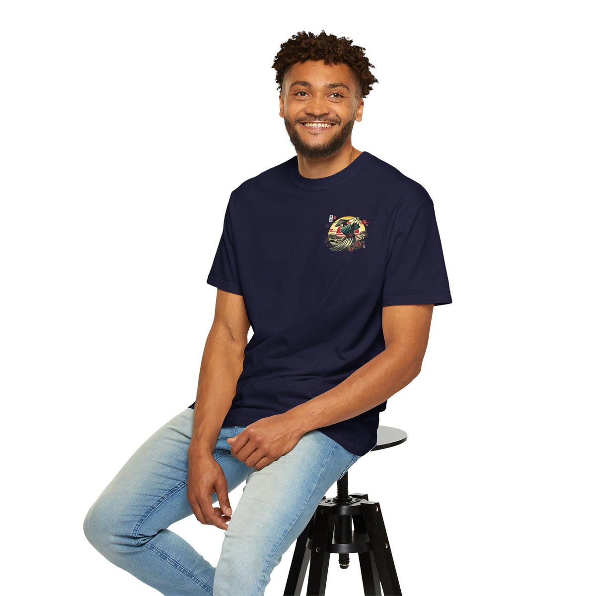 Samurai Golfer Sunset Chest and Back Design Graphic T-Shirt