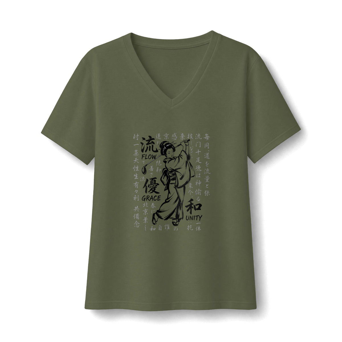 Zen Spot Golf Custom Geisha Kanji Flow, Grace, & Unity V-Neck Tee