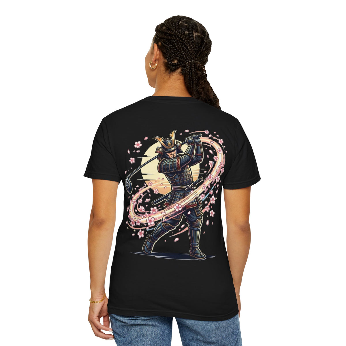 Samurai Golf T-Shirt — Warrior Golfer with Cherry Blossom Swirl