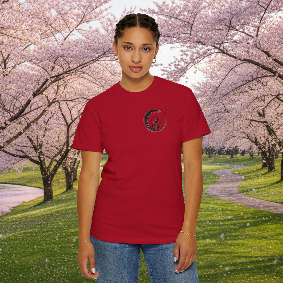 Enso Circle Chest Design Koi Pond Landscape Back Graphic T-Shirt