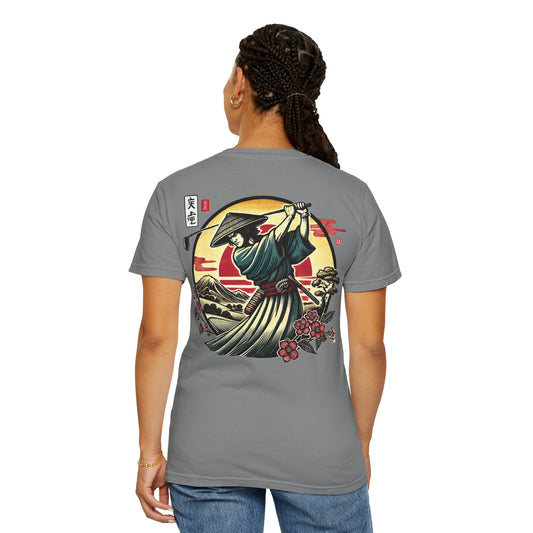 Samurai Golfer Sunset Chest and Back Design Graphic T-Shirt