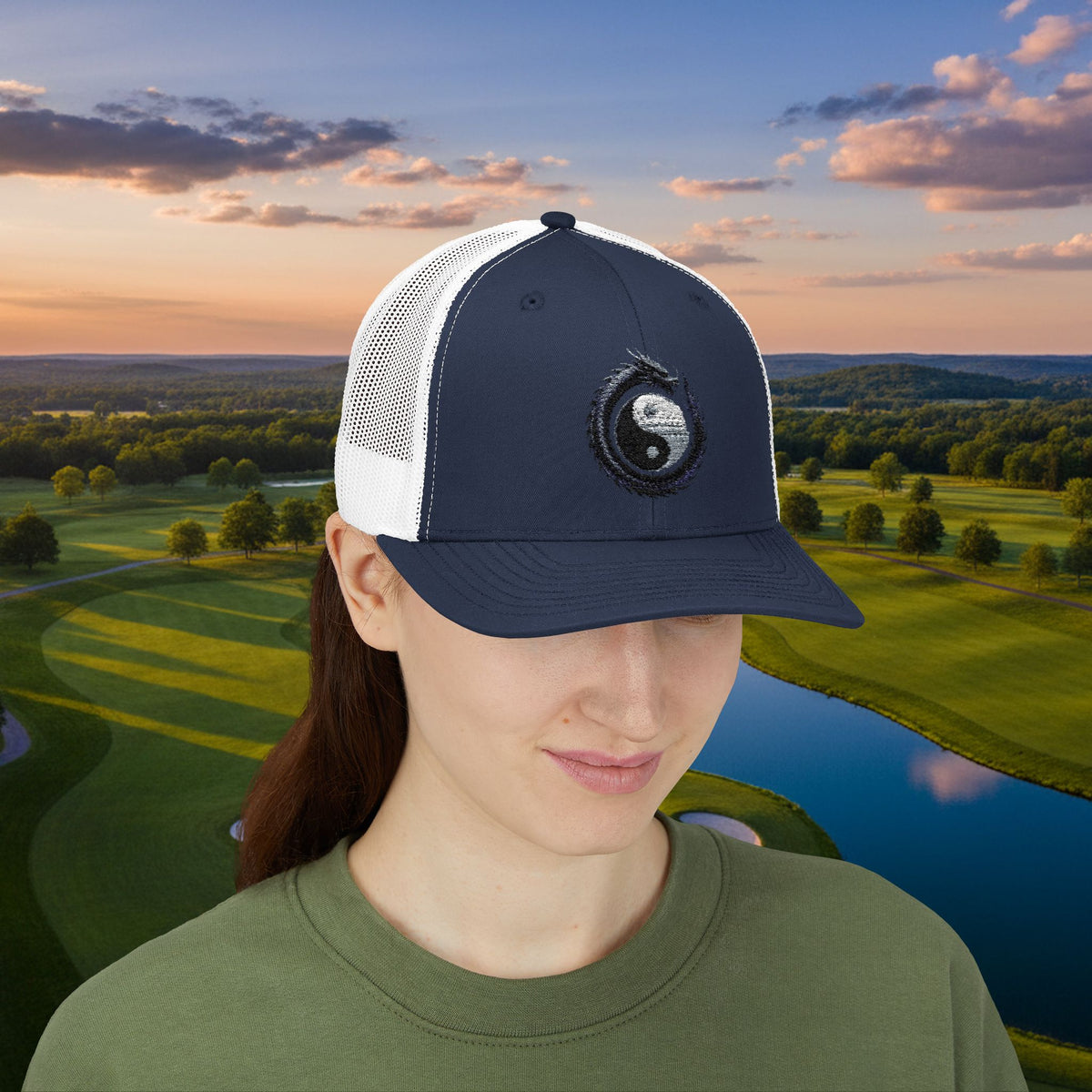 Embroidered Yin Yang Dragon Golf Ball Trucker Hat