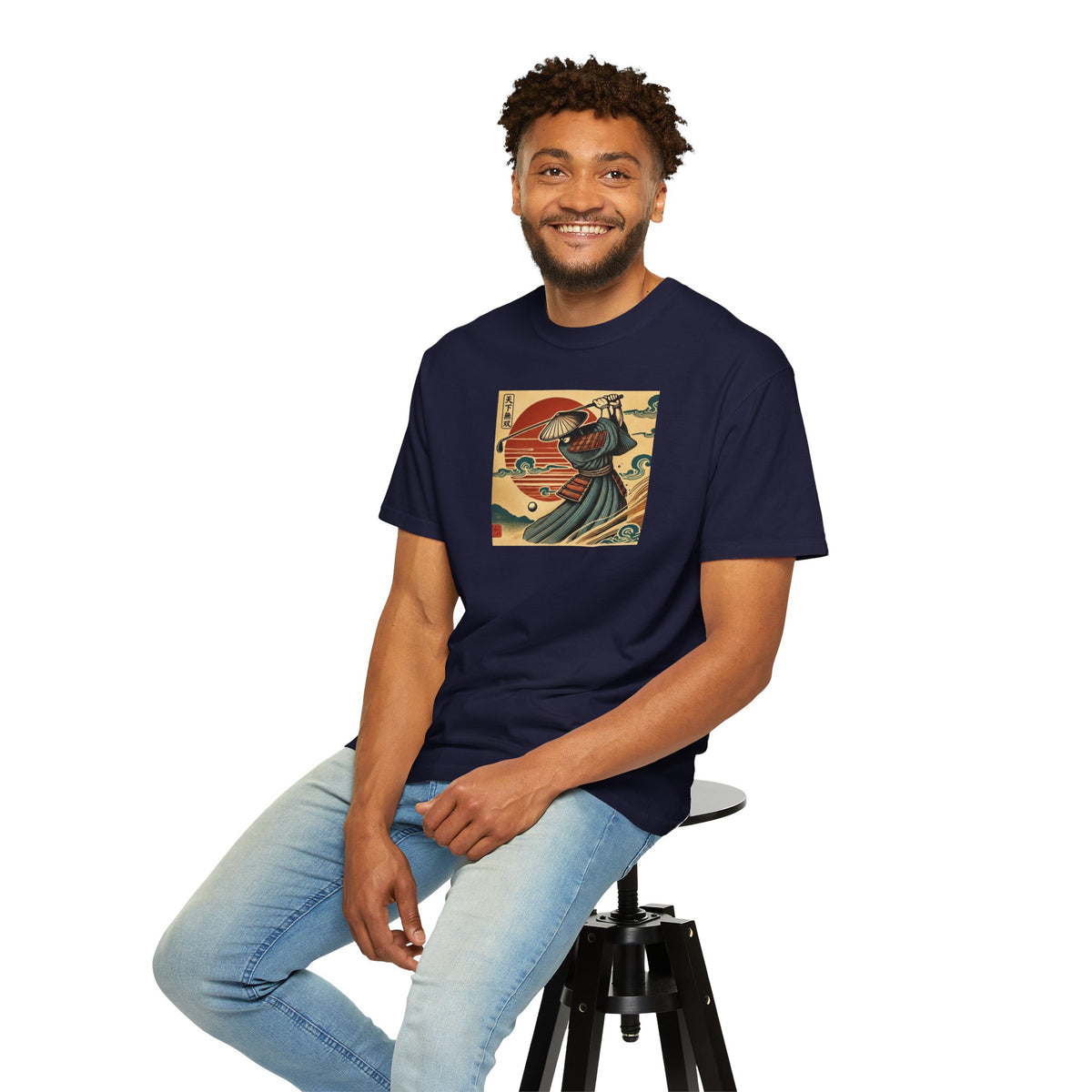 Vintage Japanese Samurai Golfer Sunset Graphic T-Shirt