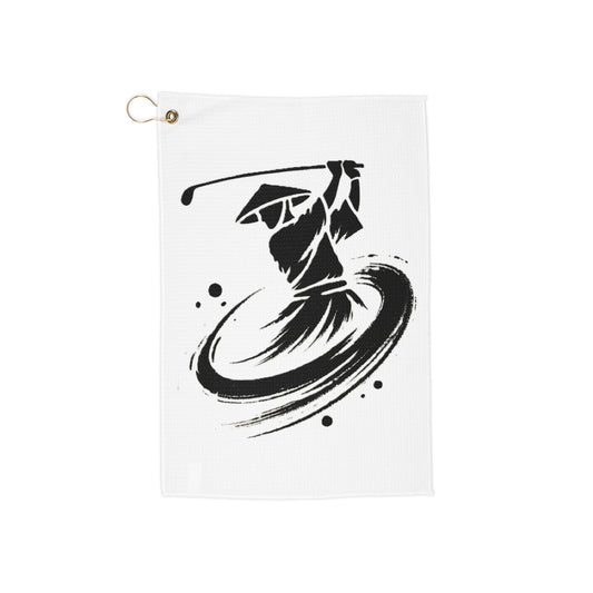 Golf Towel — Samurai Golfer Swing Design, Black Ink Brush Stroke