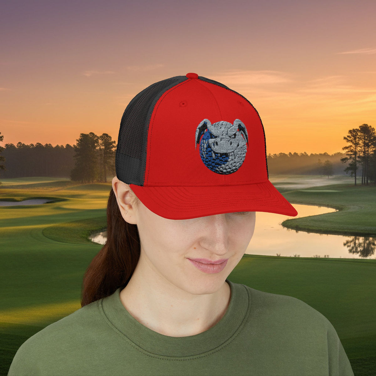Embroidered Grey Stitched "Dragon Golf Ball" Trucker Cap