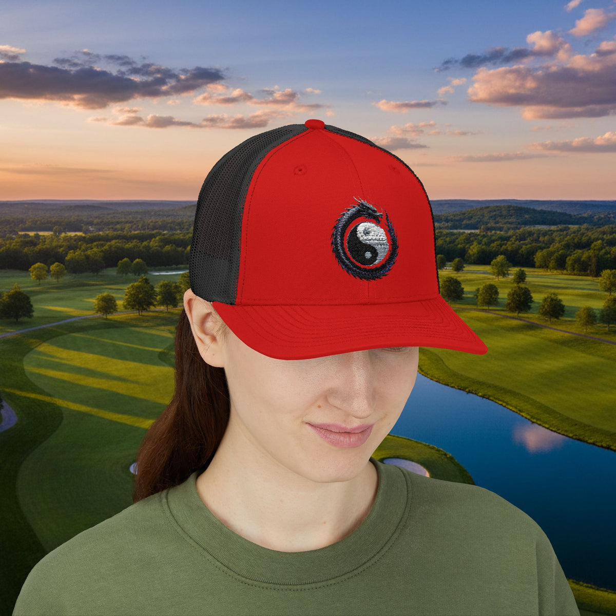 Embroidered Yin Yang Dragon Golf Ball Trucker Hat