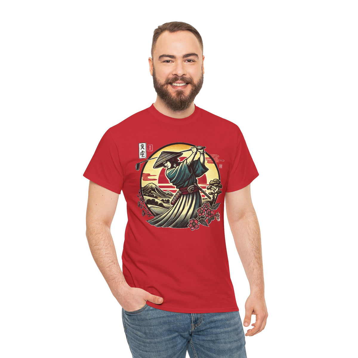 Japanese Samurai Golfer Sunset Graphic T‑Shirt