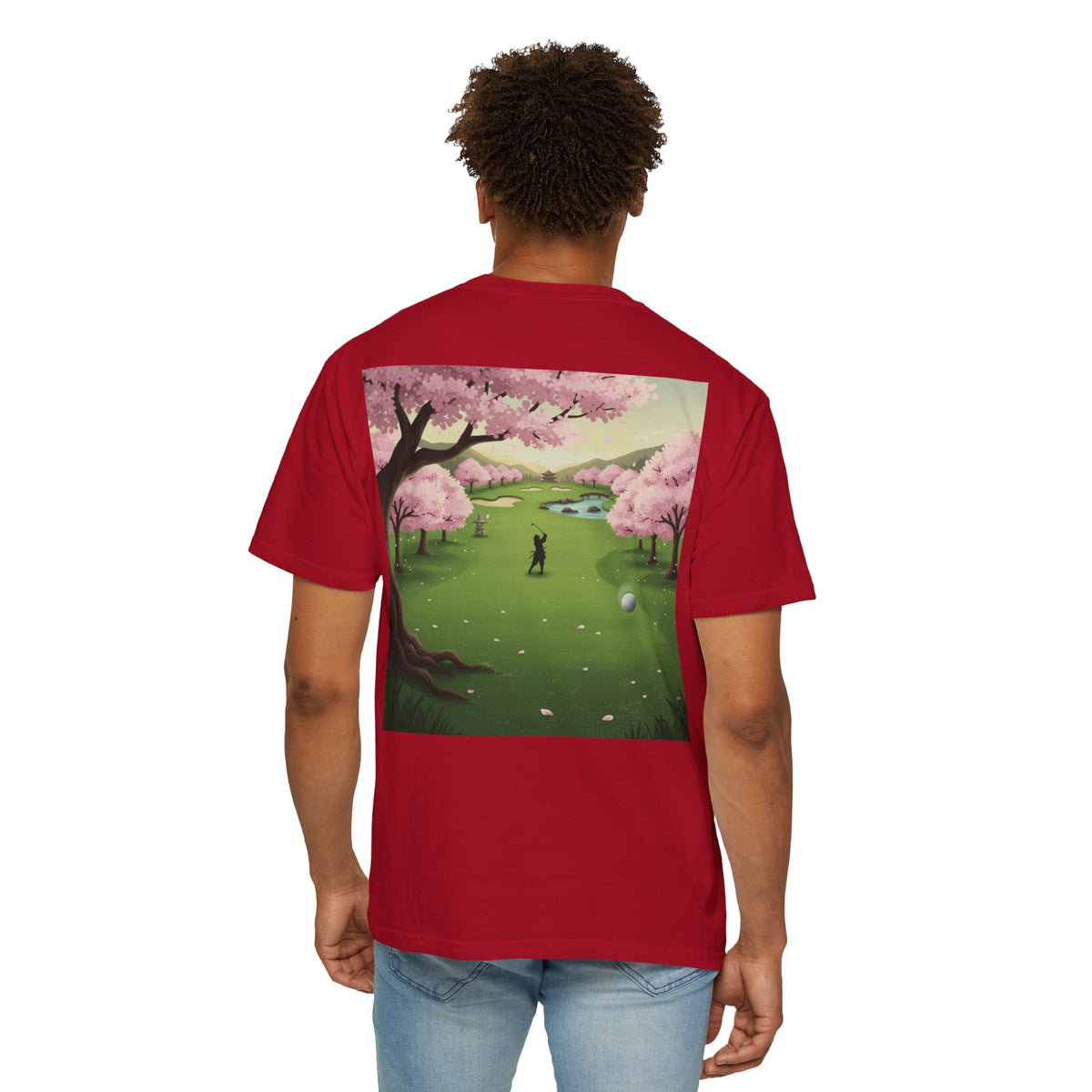 Enso Circle Chest Cherry Blossom Golf Course Back Design Graphic T-Shirt