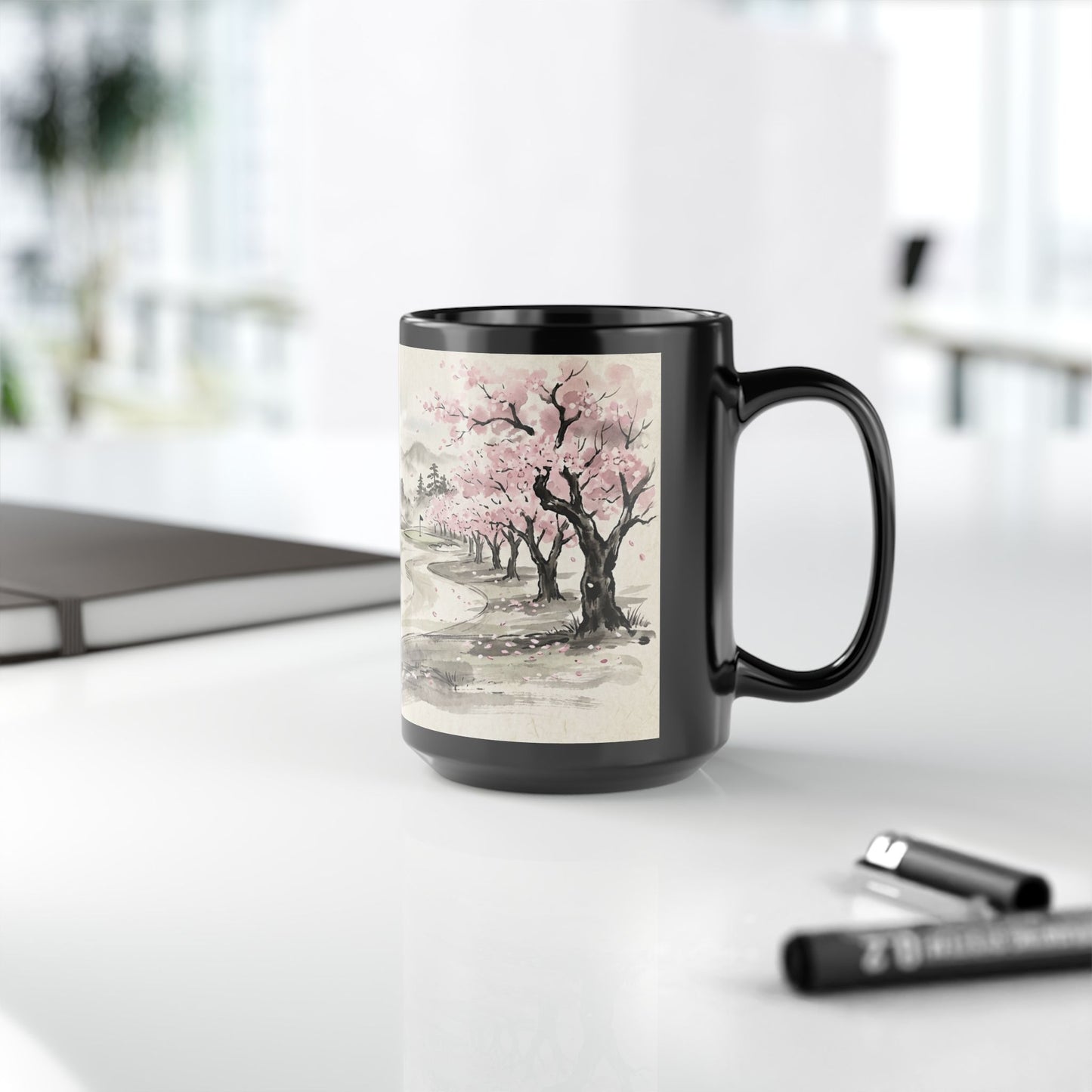 Zen Spot Golf Custom Cherry Blossom Landscape Mug Black Ceramic Coffee Tea Cup (11oz & 15oz)