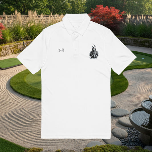Embroidered Samurai Golfer Polo — Men's White Performance Golf Shirt
