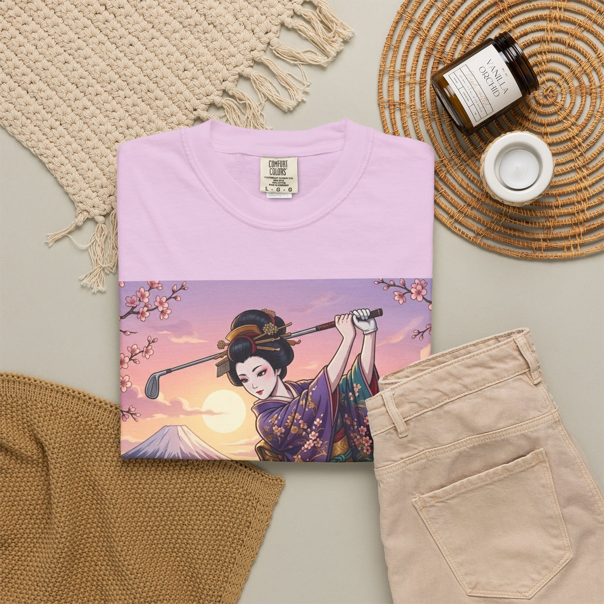 Geisha Golfer Garden T-Shirt — Japanese Kimono Sunset Art Tee