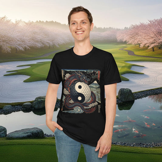 Yin Yang Dragon Golf T‑Shirt — Japanese Wave & Mt. Fuji Graphic Tee