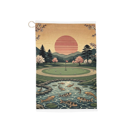 Scenic Sunrise Golf Towel — Vintage Course & Koi Pond Design