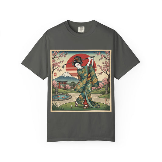 Zen Spot Golf Custom Vintage Japanese Kimono Geisha Golfer Sunset Graphic T-Shirt