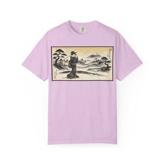 Zen Spot Customized Comfort Colors Japanese Ukiyo-e Landscape T-Shirt — Vintage Geisha & Mount Fuji Graphic Tee