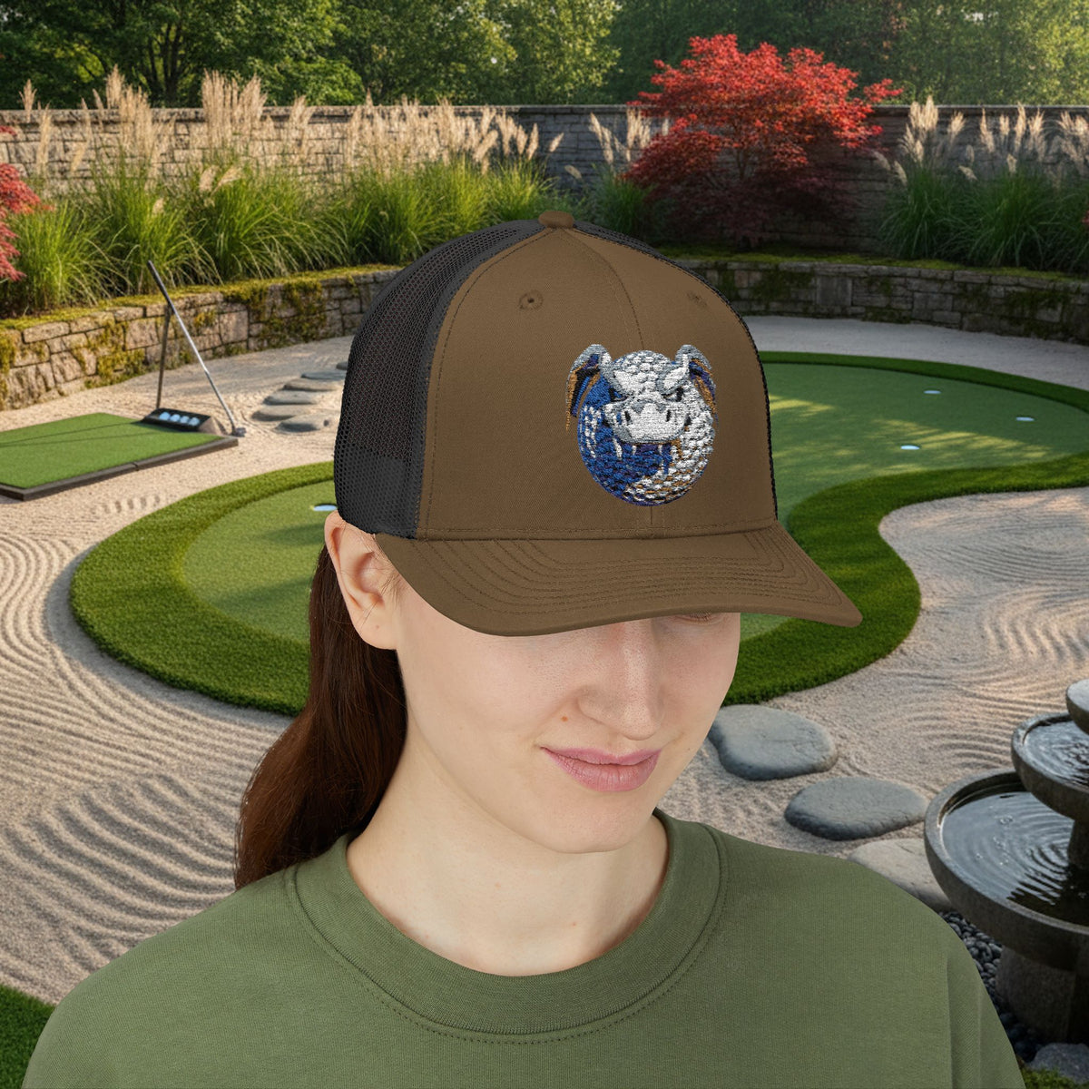 Embroidered White and Brown Stitched "Dragon Golf Ball" Trucker Cap