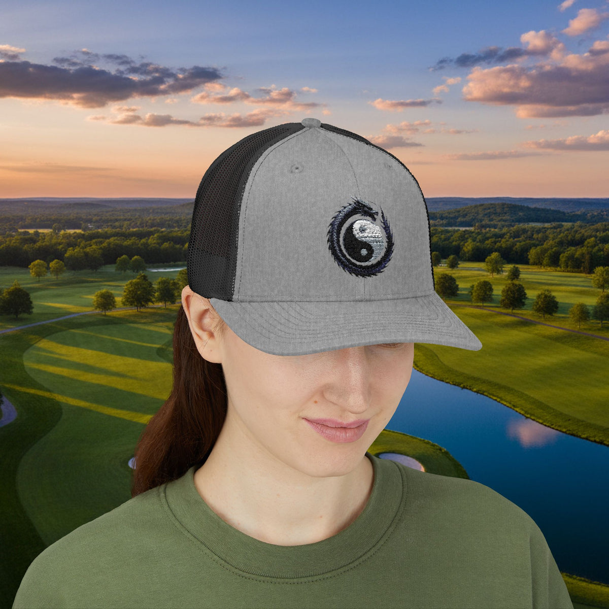 Embroidered Yin Yang Dragon Golf Ball Trucker Hat