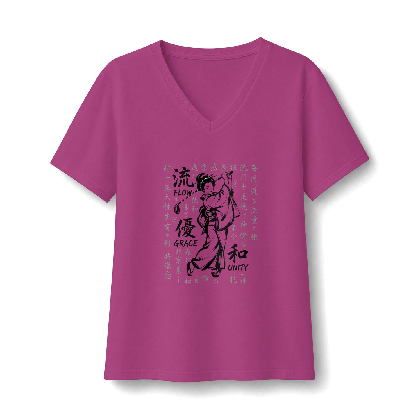 Zen Spot Golf Custom Geisha Kanji Flow, Grace, & Unity V-Neck Tee