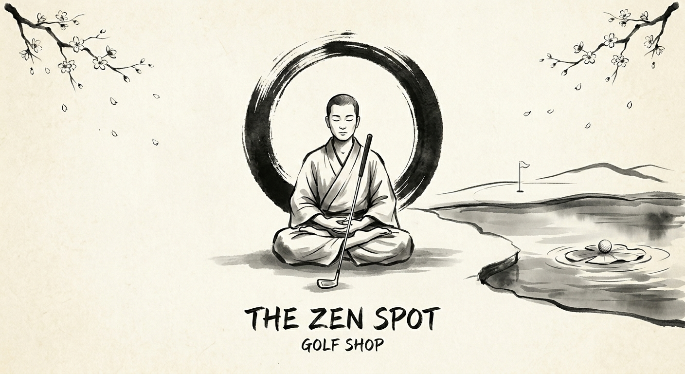 Black and white illustration of a person in a meditative seated pose with a golf club, set against a large circular brushstroke, with cherry blossoms and a golf course scene. Text at the bottom reads 'THE ZEN SPOT GOLF SHOP'.
