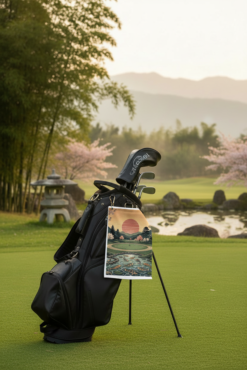 Scenic Sunrise Golf Towel - hanging from golf bag lifestyle
