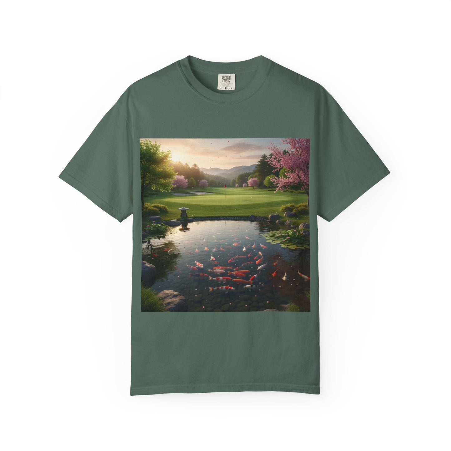 Zen Spot Golf Custom Zen Koi Pond Golf Course Sunset Graphic T-Shirt