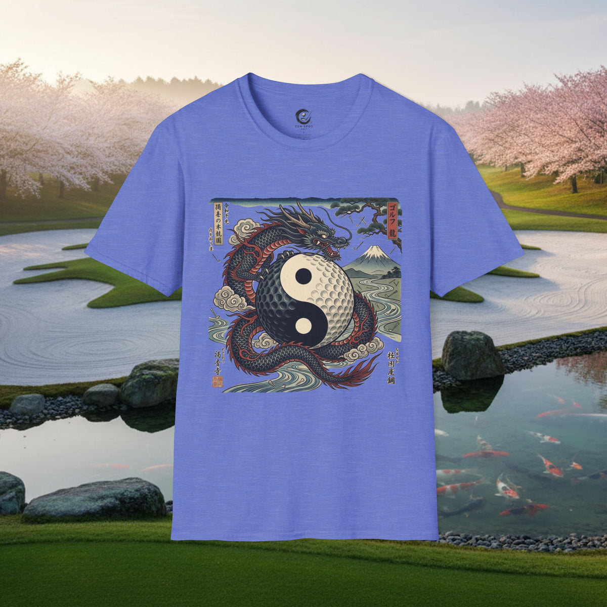 Yin Yang Dragon Golf T‑Shirt — Japanese Wave & Mt. Fuji Graphic Tee