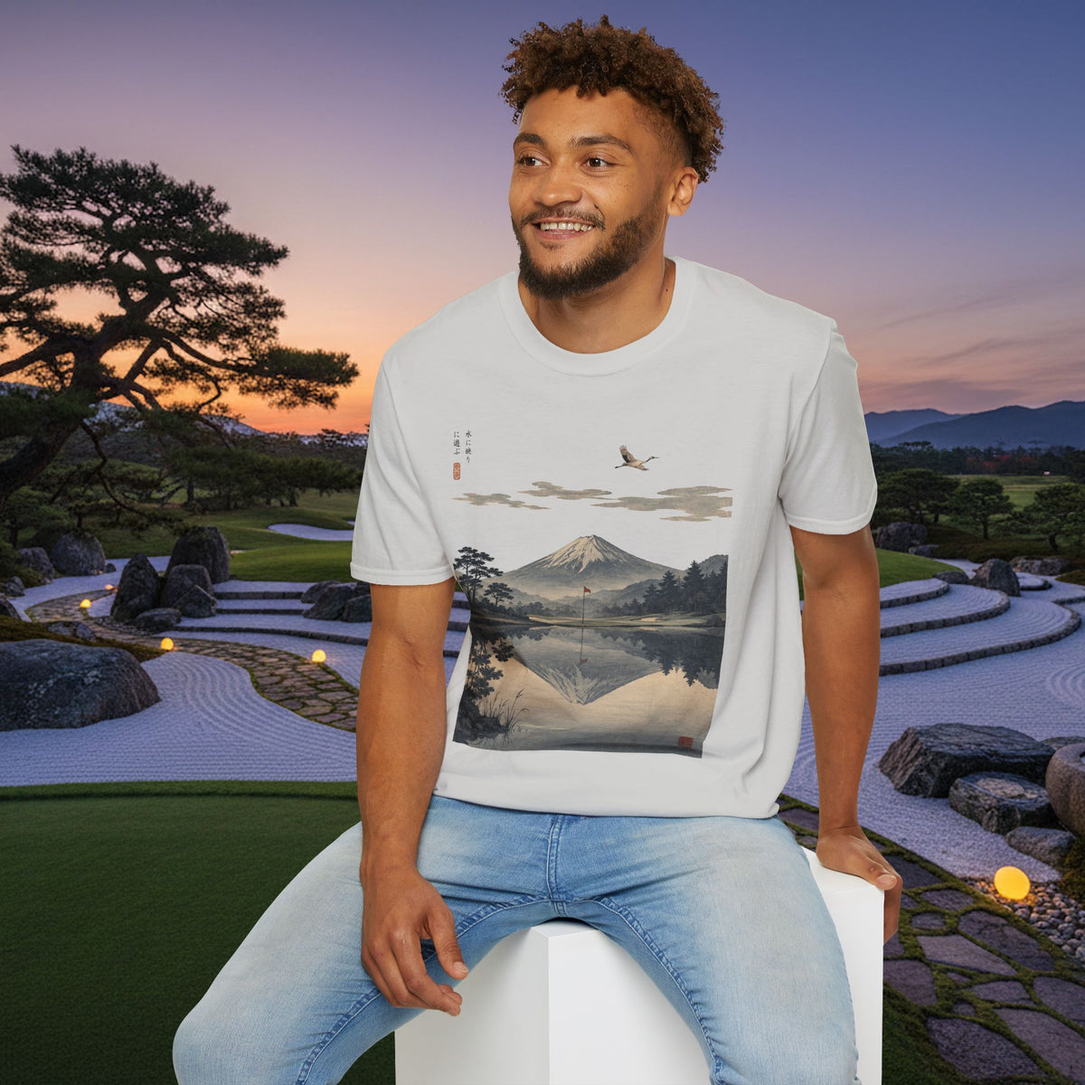 Mountain Golf Reflection T‑Shirt — Japanese Ukiyo‑Style Mount Fuji Golf Scenic Tee