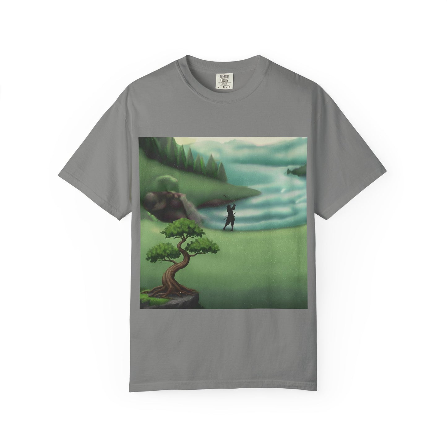 Golf Course Landscape T‑Shirt — Serene Golfer by Lake Graphic Tee