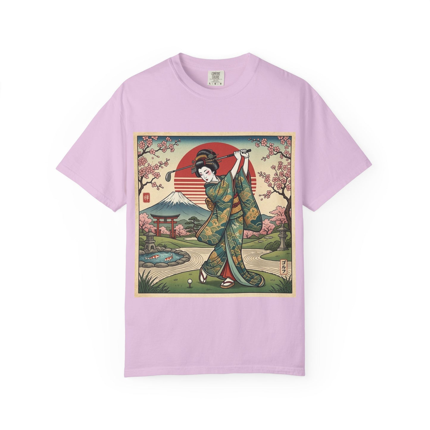 Zen Spot Golf Custom Vintage Japanese Kimono Geisha Golfer Sunset Graphic T-Shirt