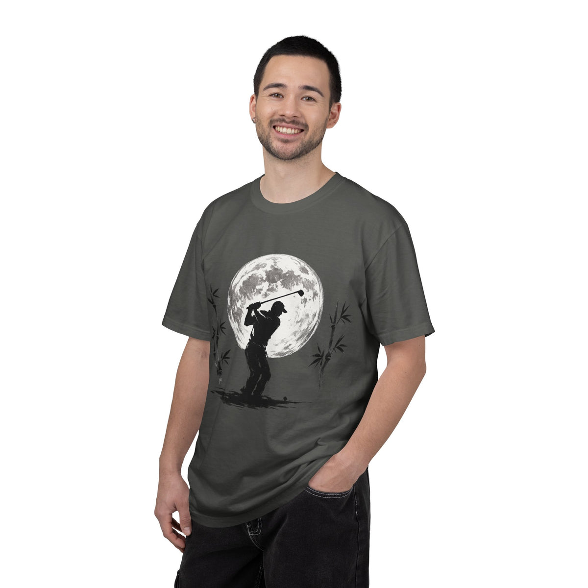 Moonlight Golfer T‑Shirt — Silhouette Golf Tee with Full Moon and Bamboo Design