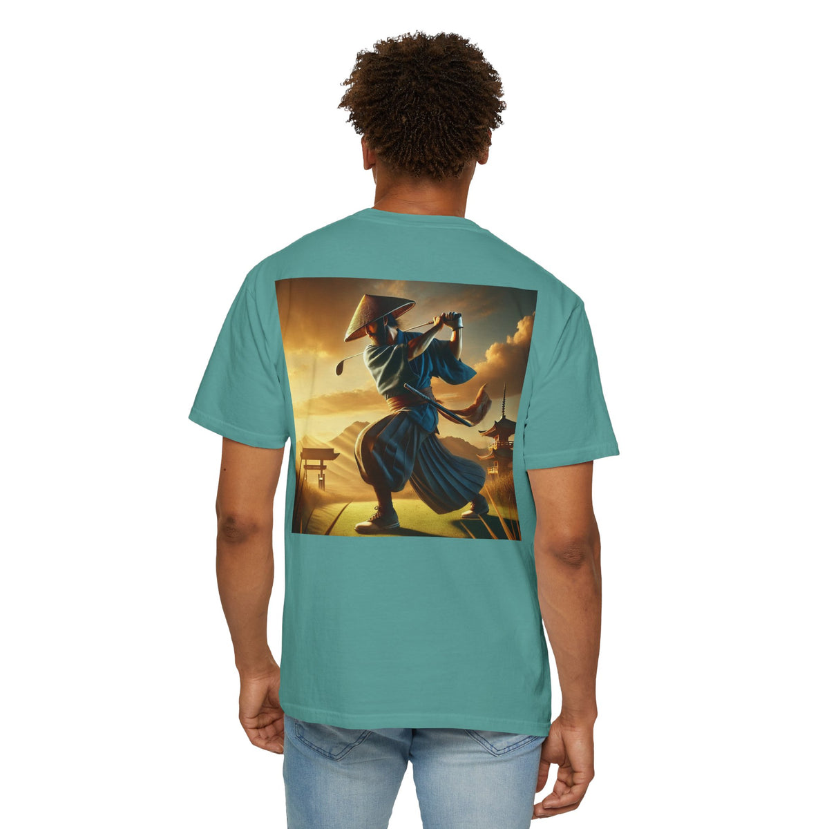 Enso Circle Chest Design Samurai Golfer Sunset Back Graphic T-Shirt