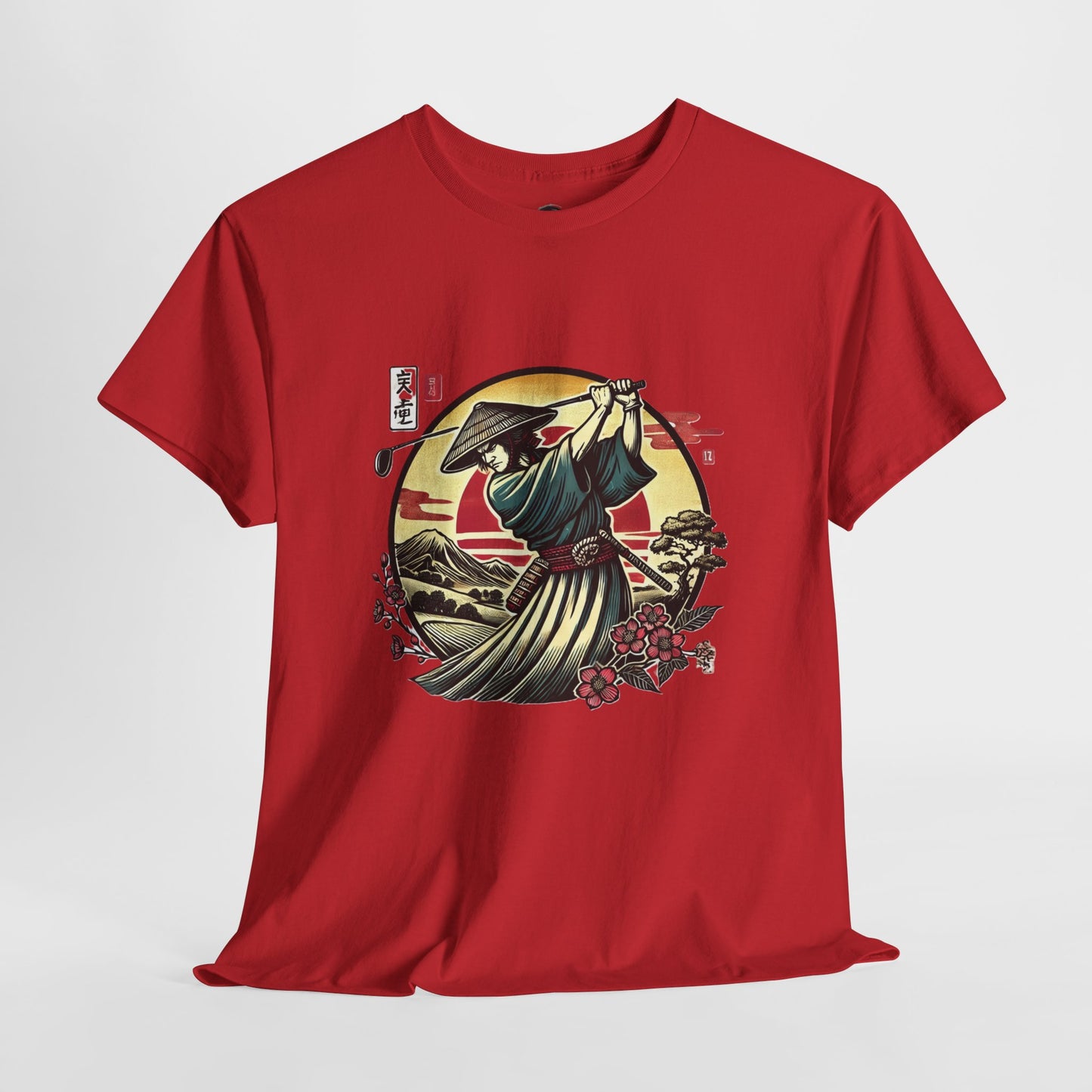 Zen Spot Customized Gildan Samurai Golfer Sunset T‑Shirt — Japanese Warrior Graphic Tee