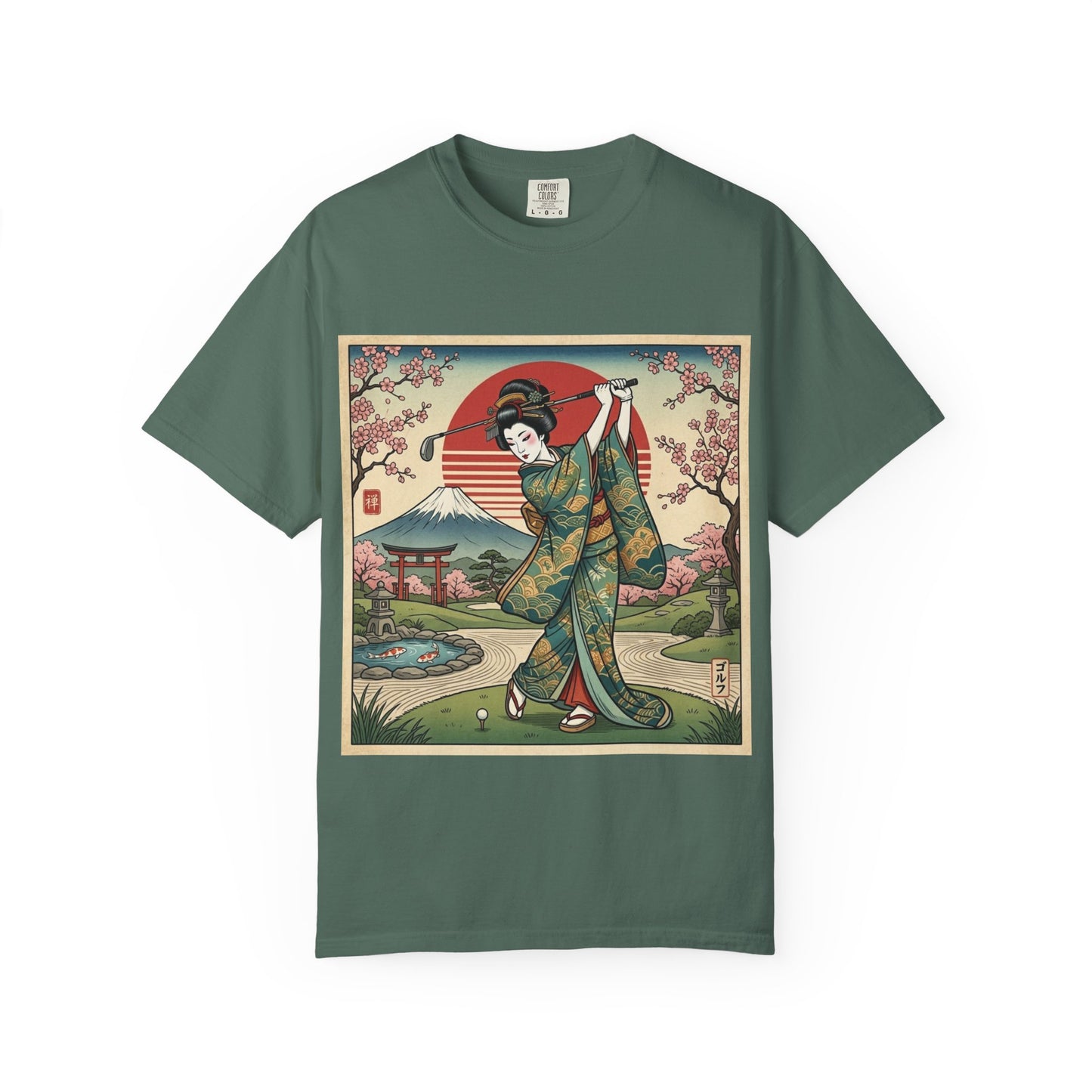 Zen Spot Golf Custom Vintage Japanese Kimono Geisha Golfer Sunset Graphic T-Shirt